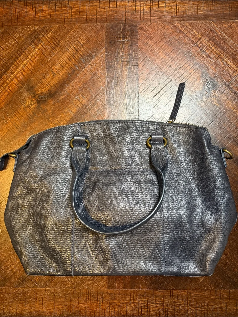 Textured Dark Blue Women's Leather Satchel Bag with Top Handles + Long Strap